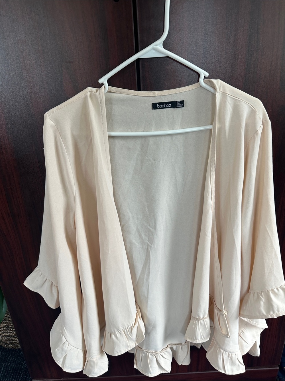 Boohoo Cream Ruffle Hem Open Cardigan